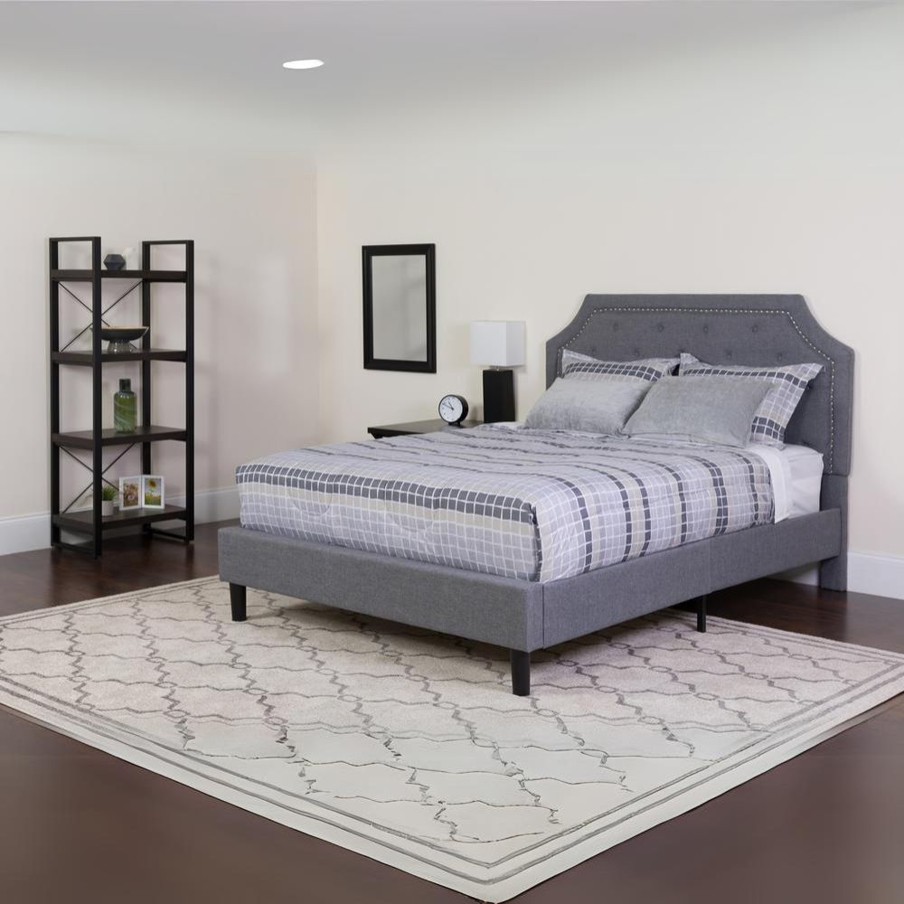 King Size Platform Bed in Light Grey Fabric with Pocket Spring Mattress