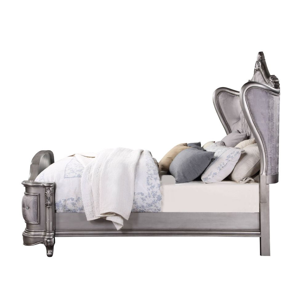 Ariadne Eastern King Bed, Velvet & Antique Platinum Finish