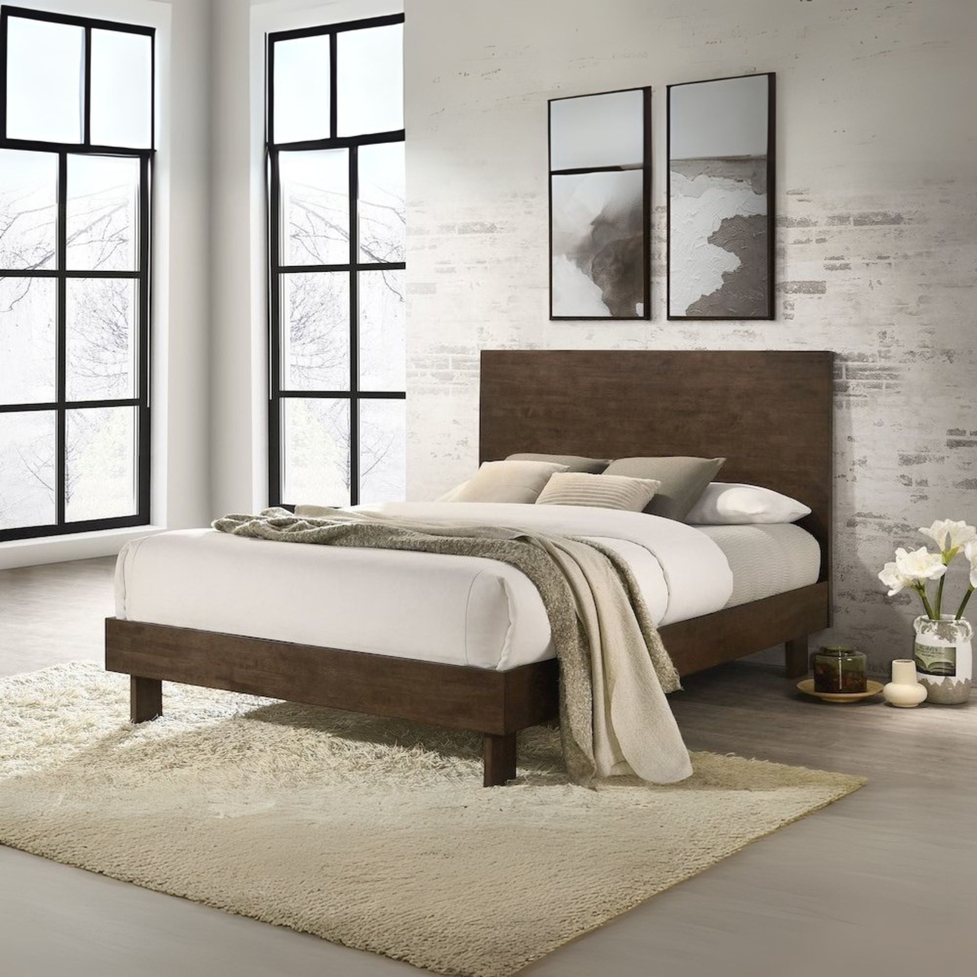 Wilson Glenwood Queen Warm Brown Solid Wood Platform Panel Bed  Modern 48-Inch Headboard