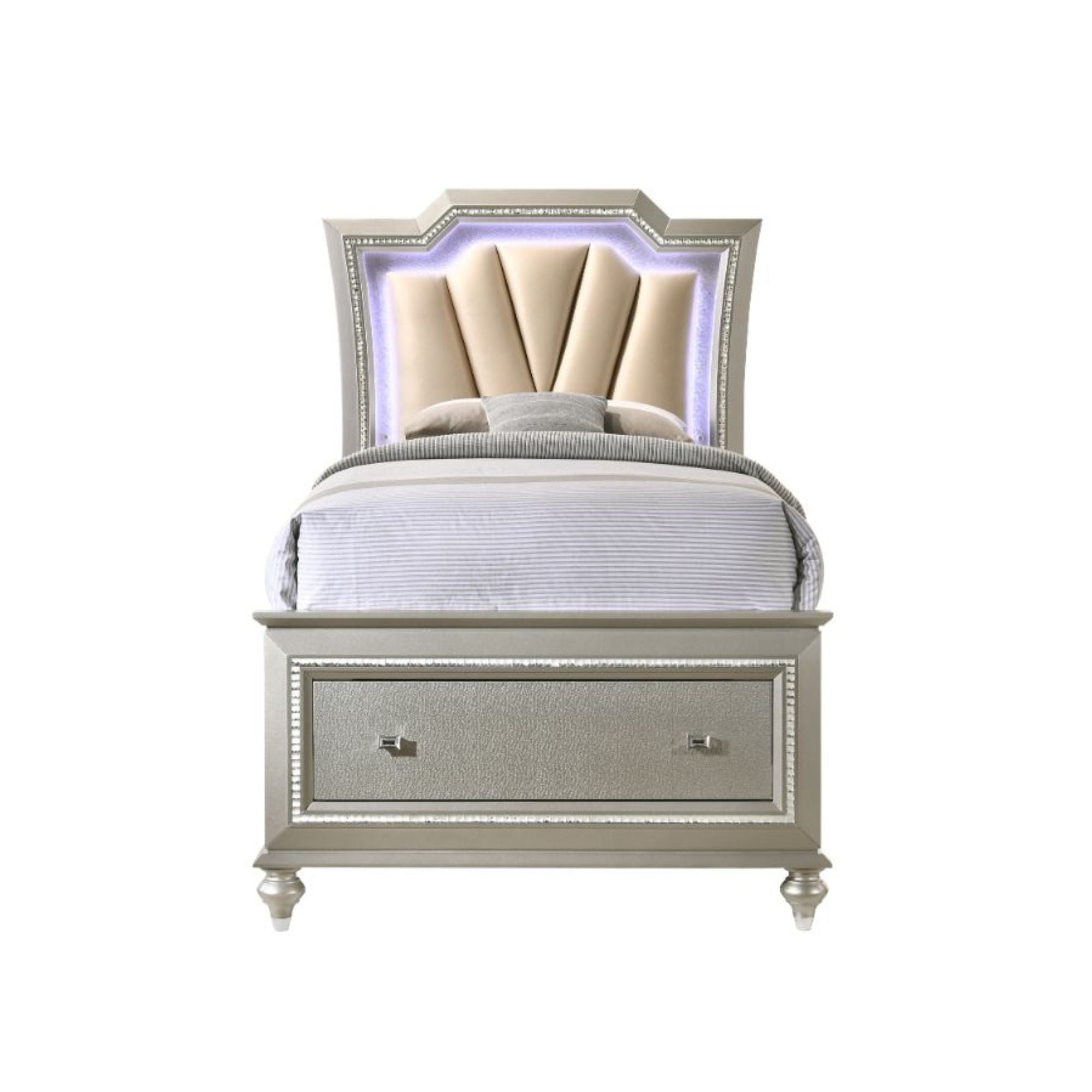 Kaitlyn Full Bed w/Storage & LED, Synthetic Leather & Champagne