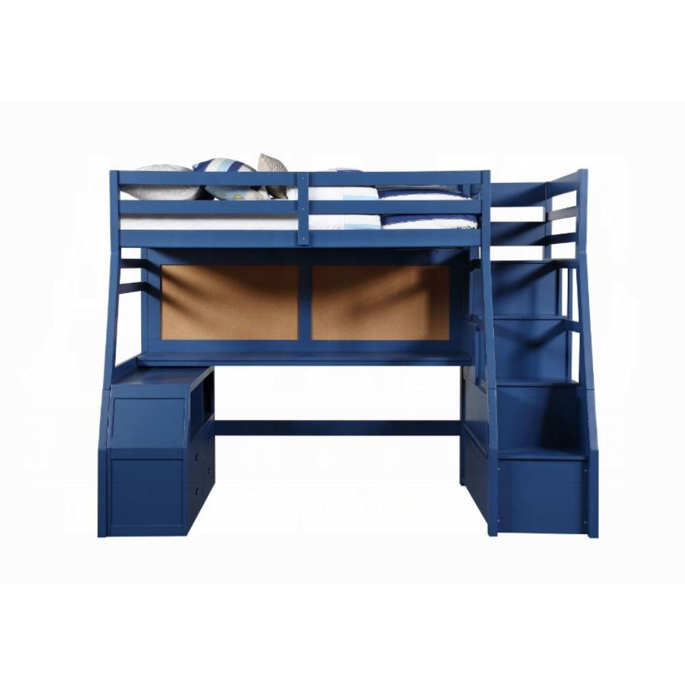 Guardrail Jason II Twin Navy Blue Wooden Loft Bed  Contemporary Storage Solution with 5-Drawer Ladder & Desk