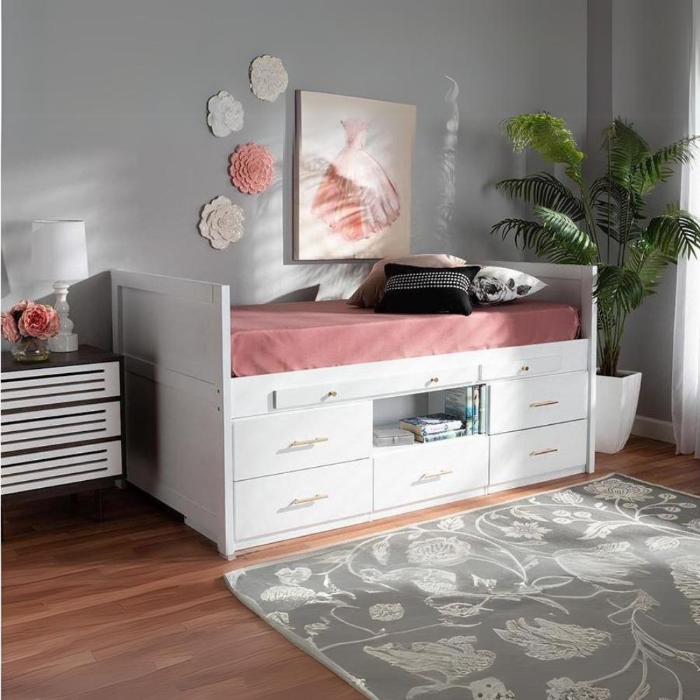 Mirza White Finished Wood 5-Drawer Twin Size Storage Bed With Pull-Out Desk