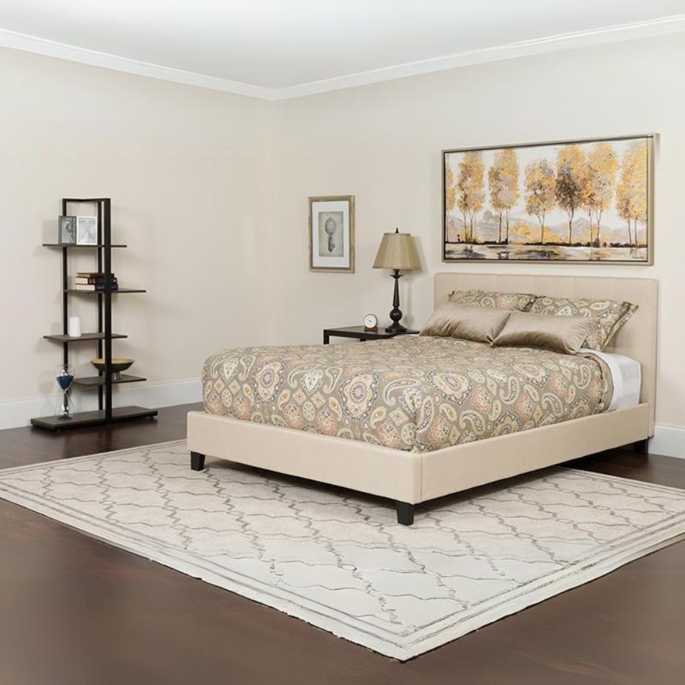 Full Size Platform Bed in Beige Fabric with Pocket Spring Mattress