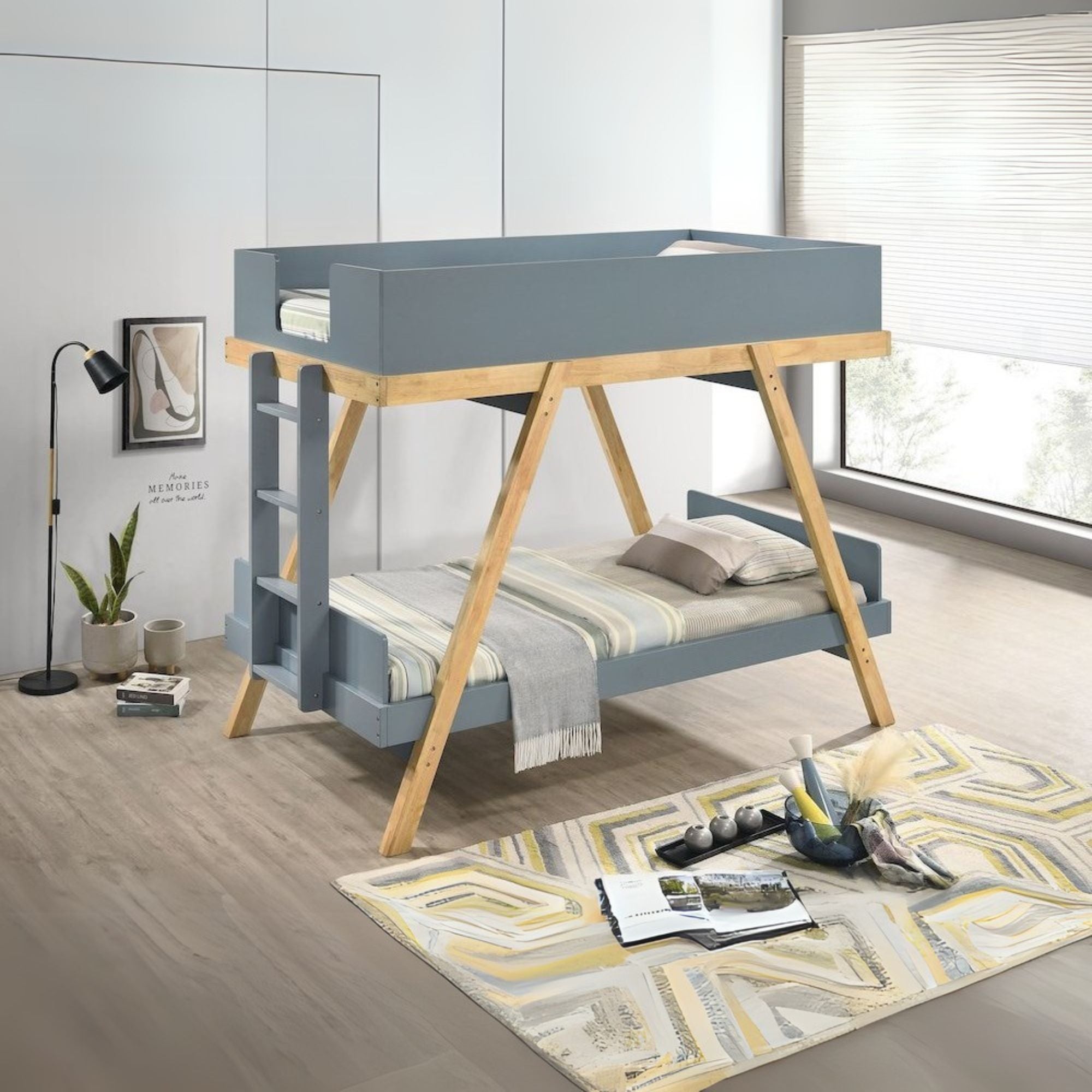 Frankie Wood Twin Over Twin Bunk Bed Blue and Natural