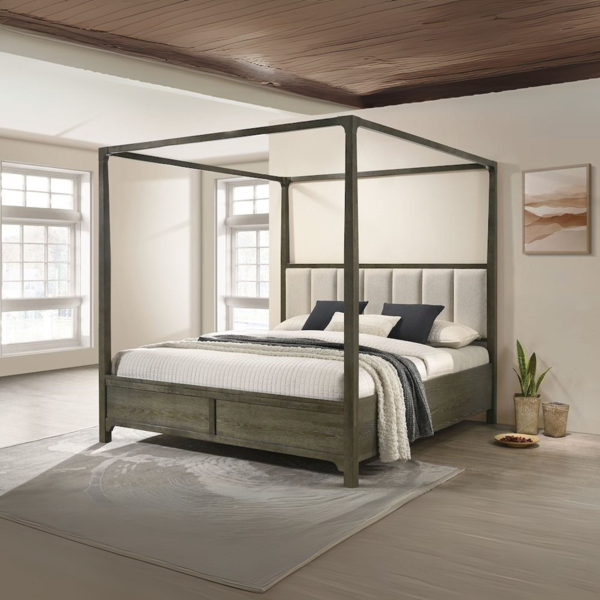 Noll Gran Park Queen Dark Cocoa Solid Wood Four Poster Canopy Bed – Transitional Design with Beige Fabric Headboard