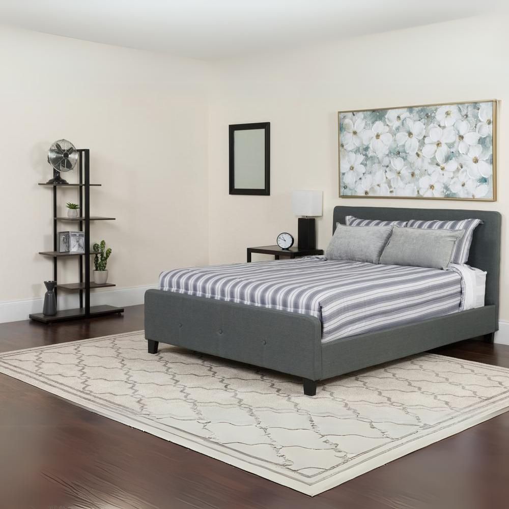 Queen Size Tufted Upholstered Platform Bed in Dark Grey Fabric