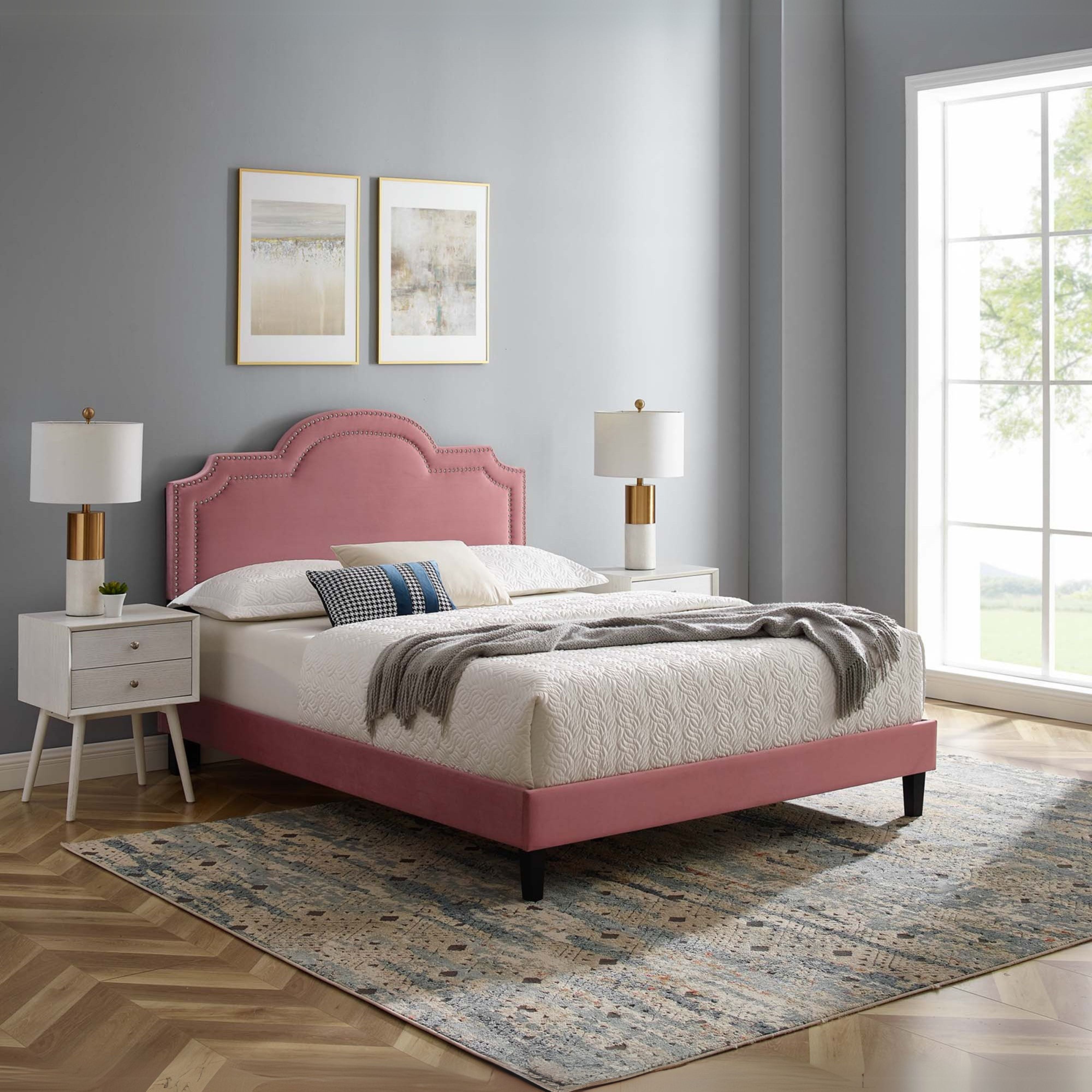 Sornis Performance Velvet King Platform Bed Frame  Dusty Rose MDF Construction