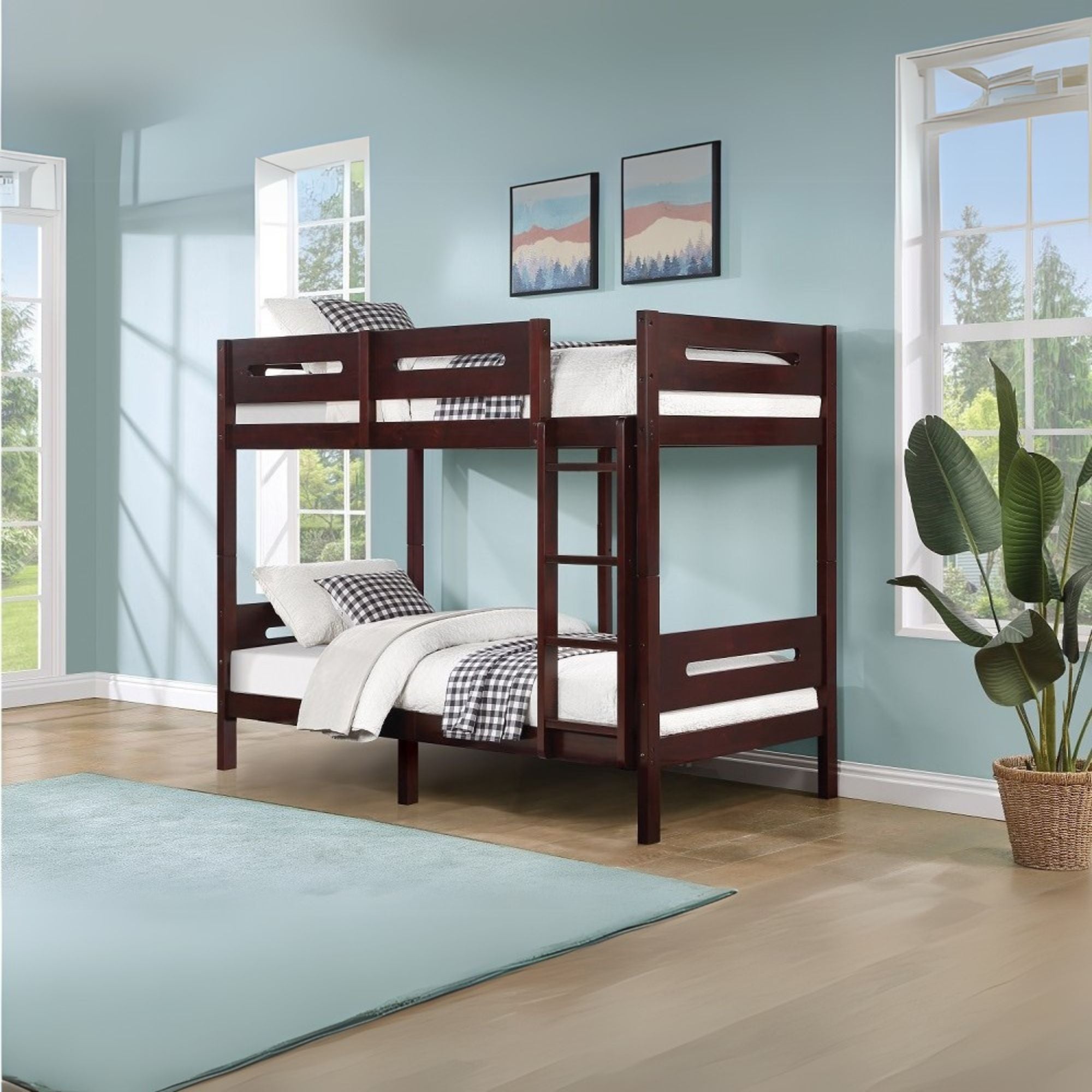 Espresso Nissa Collection Twin Size Espresso Bunk Bed  Solid Wood Kids Bed with Ladder