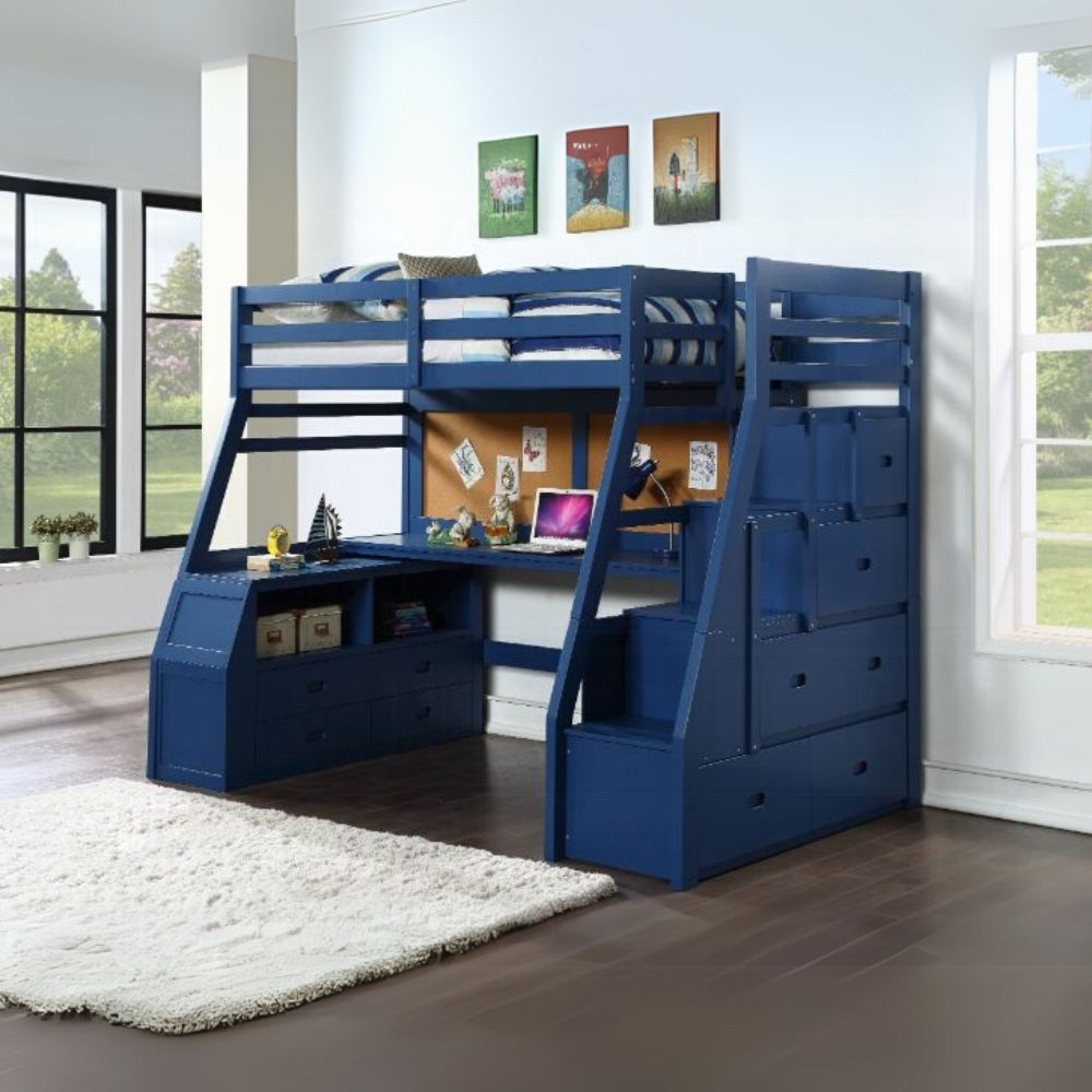 Guardrail Jason II Twin Navy Blue Wooden Loft Bed  Contemporary Storage Solution with 5-Drawer Ladder & Desk