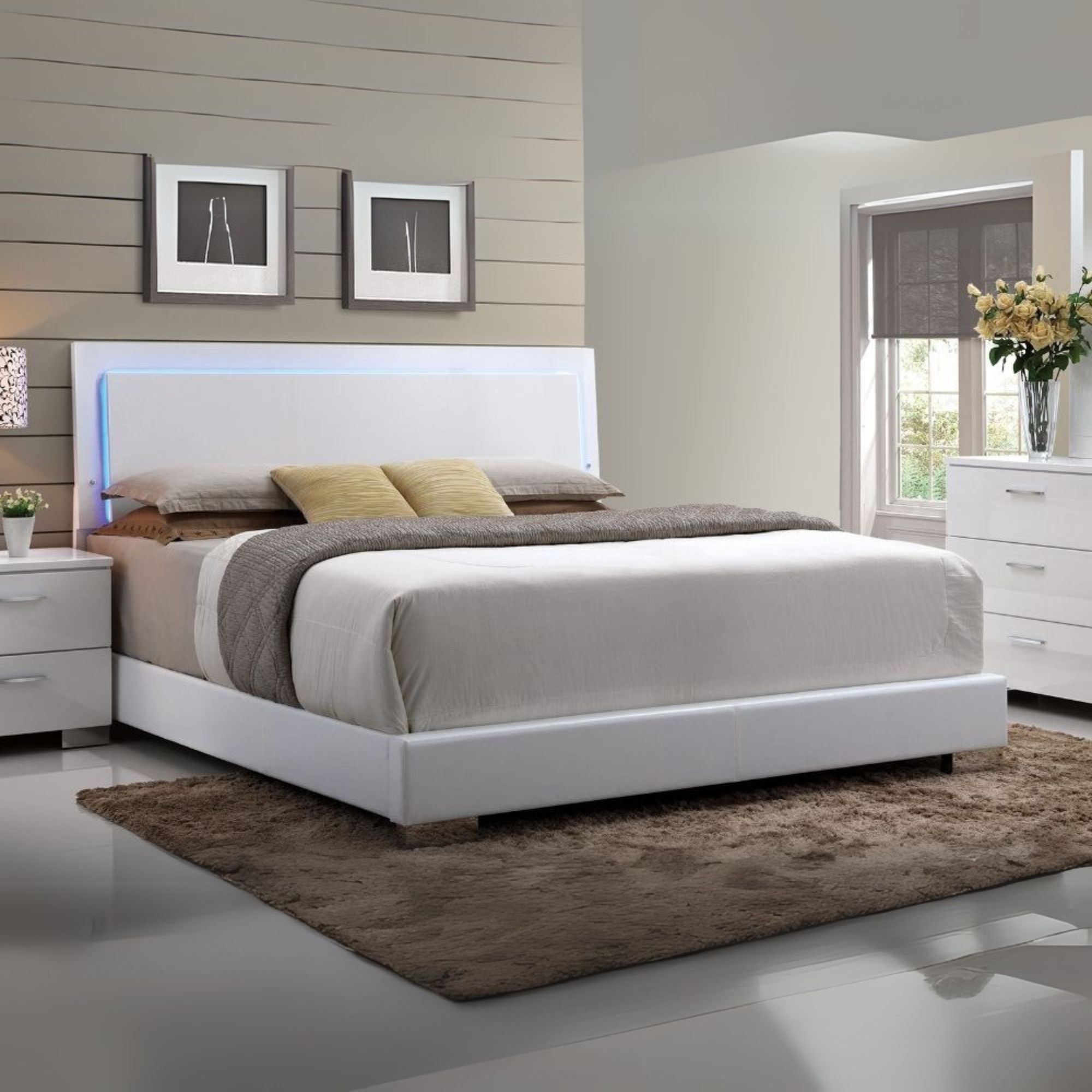 Lorimar (LED) Eastern King Bed, White Synthetic Leather & White Leg