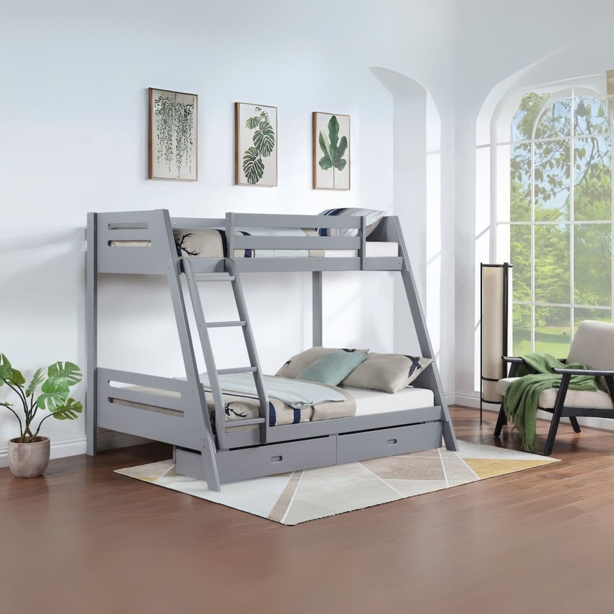 Caryn Trisha Twin Over Full Grey Wood Bunk Bed  Modern Storage Design with Safety Rails