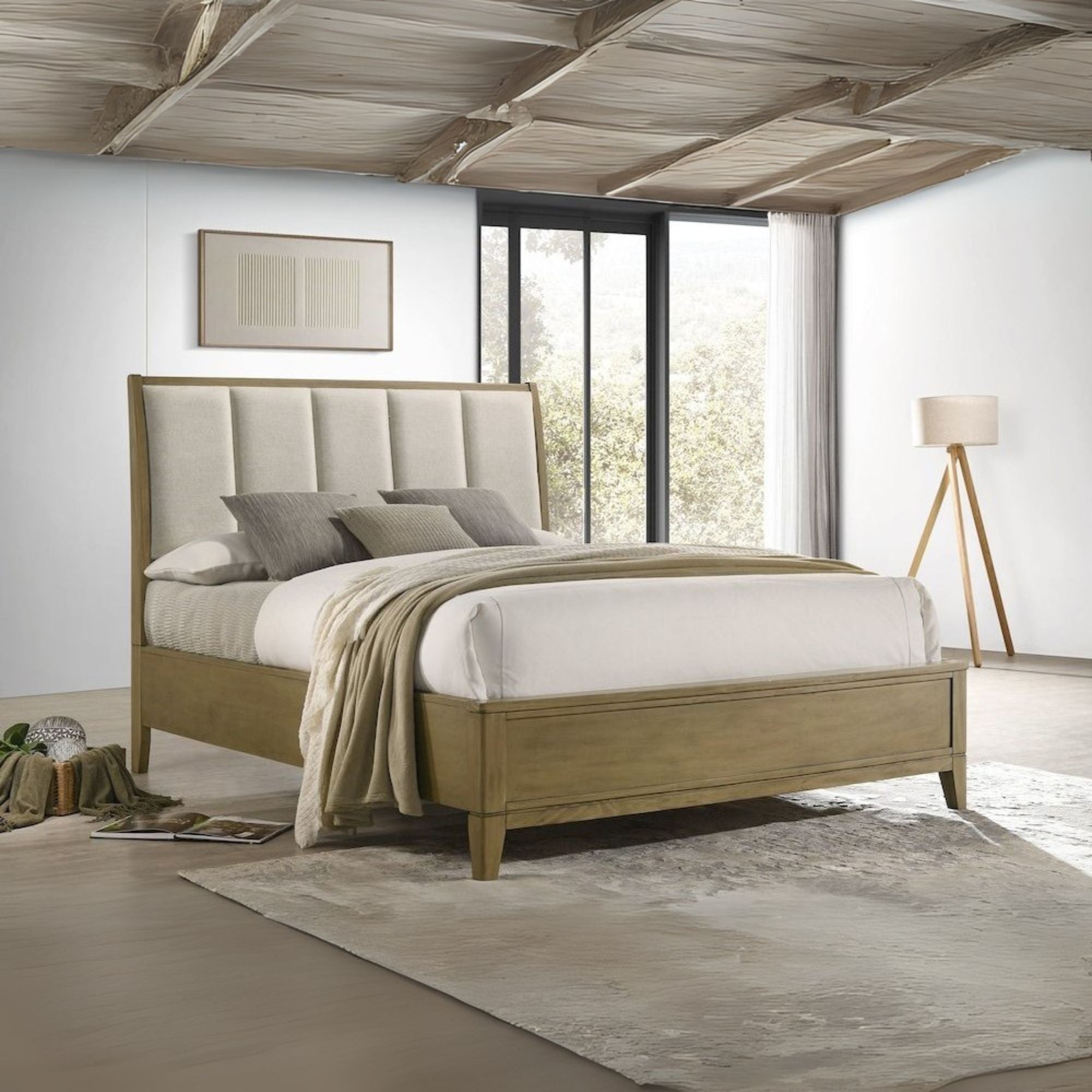 Alard Granada Queen Upholstered Panel Bed Natural Pine – Beige Fabric Channeled Headboard