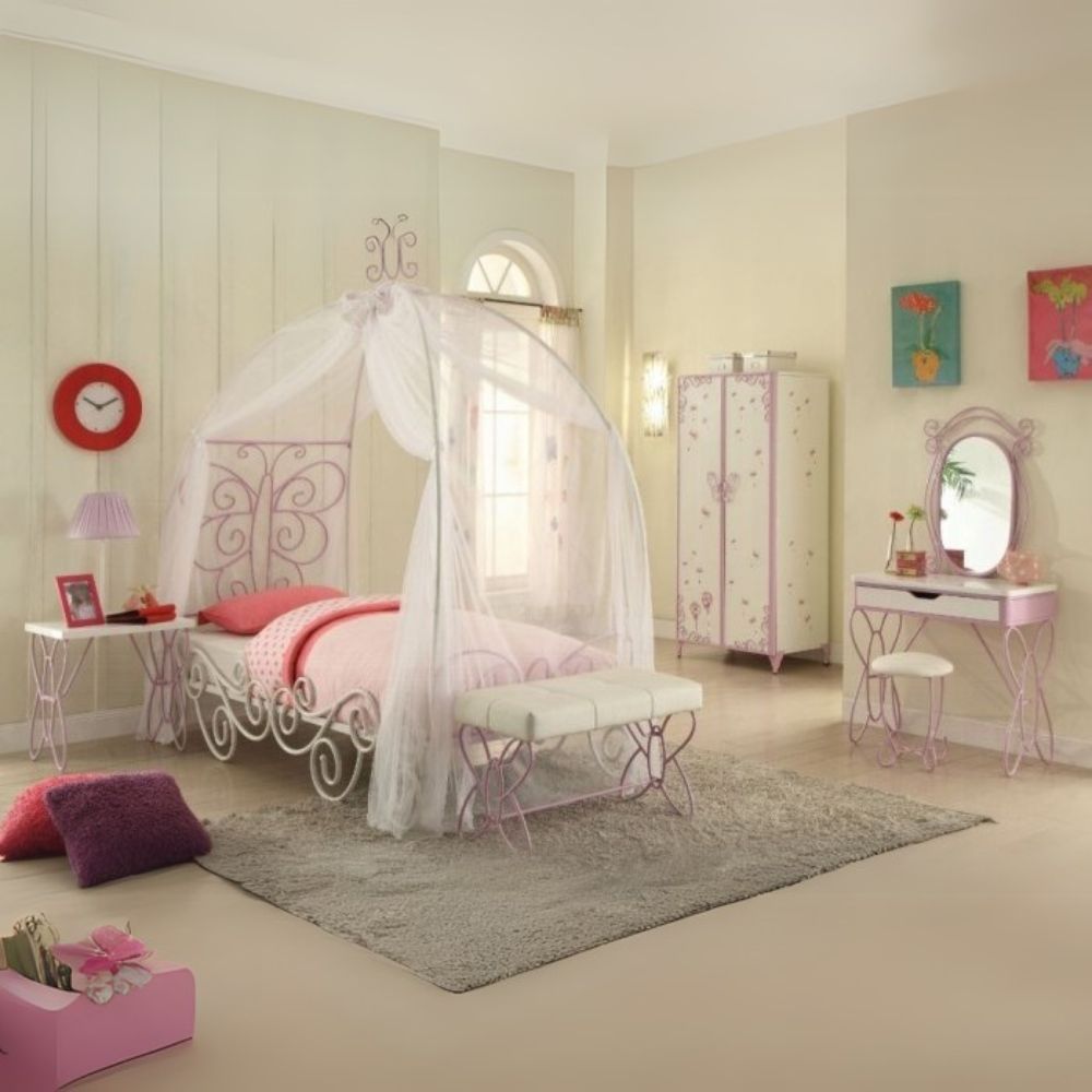 Priya II Twin Bed w/Canopy, White & Light Purple