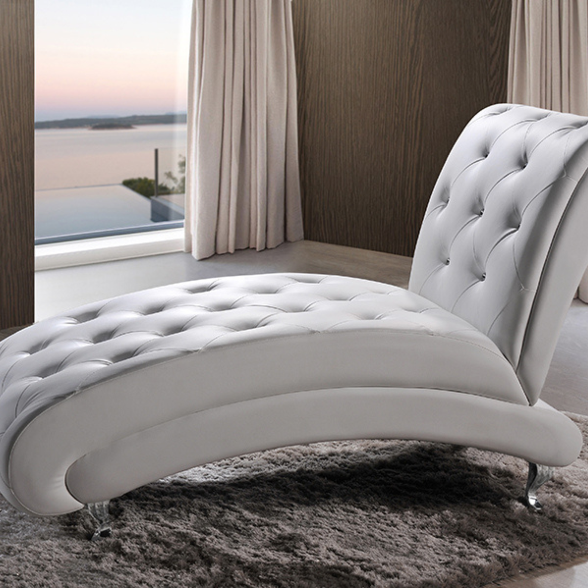 Pease Contemporary White Faux Leather Upholstered Crystal Button Tufted Chaise Lounge