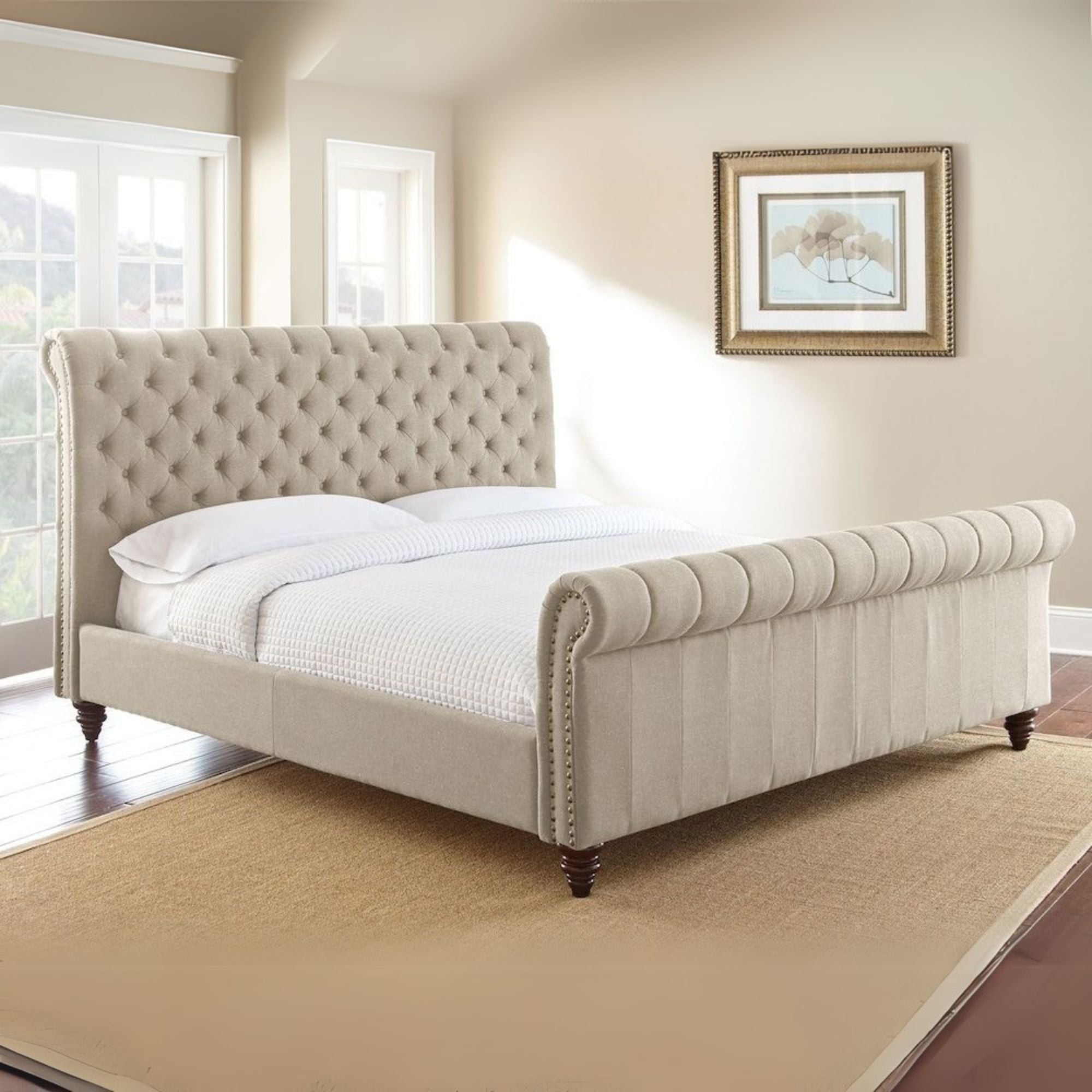 Fuller Swanson King Sand Beige Upholstered Sleigh Bed Tufted Wingback Headboard