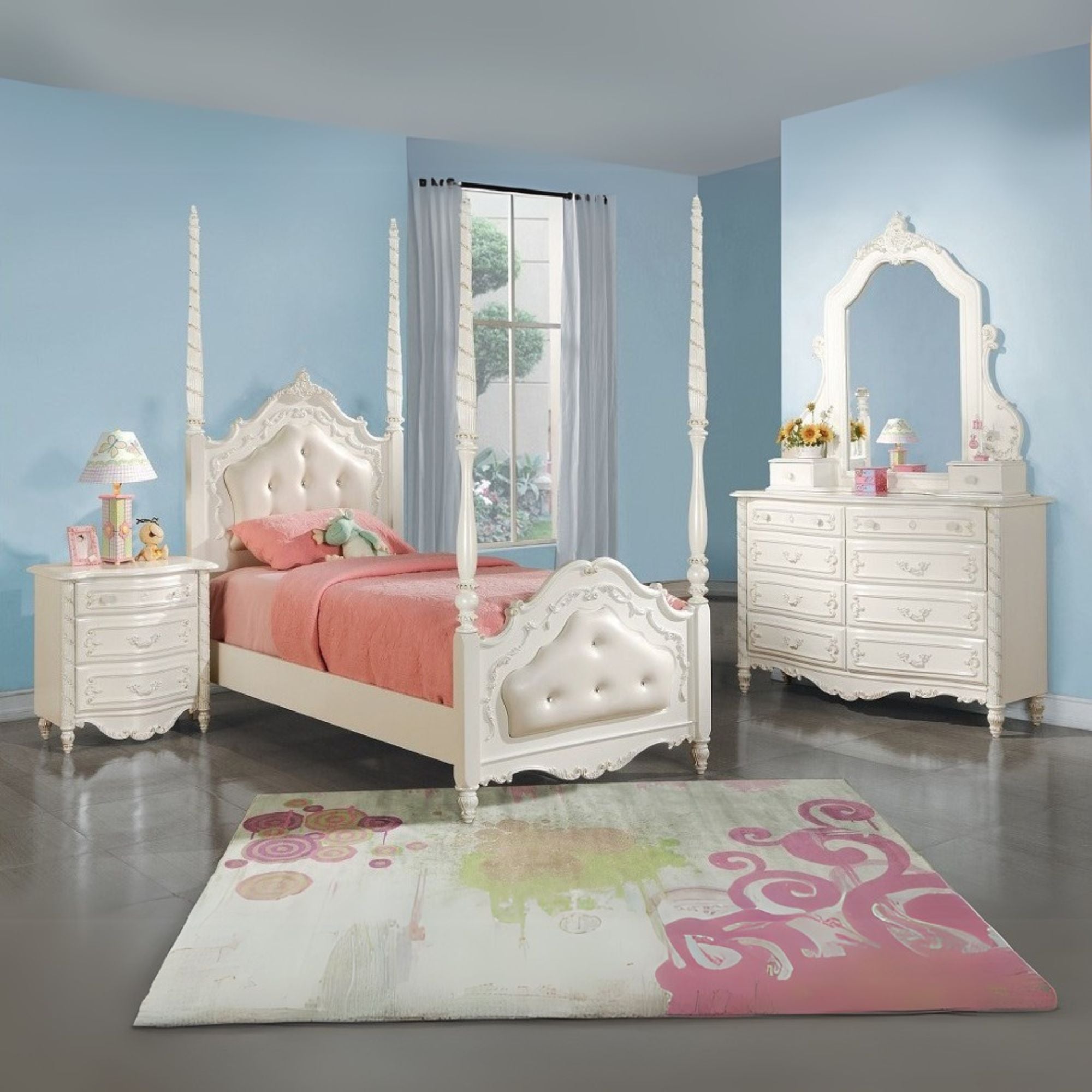 Kunj Pearl Full Pearl White Upholstered Post Bed –  Tufted Design with Gold Brush Finish