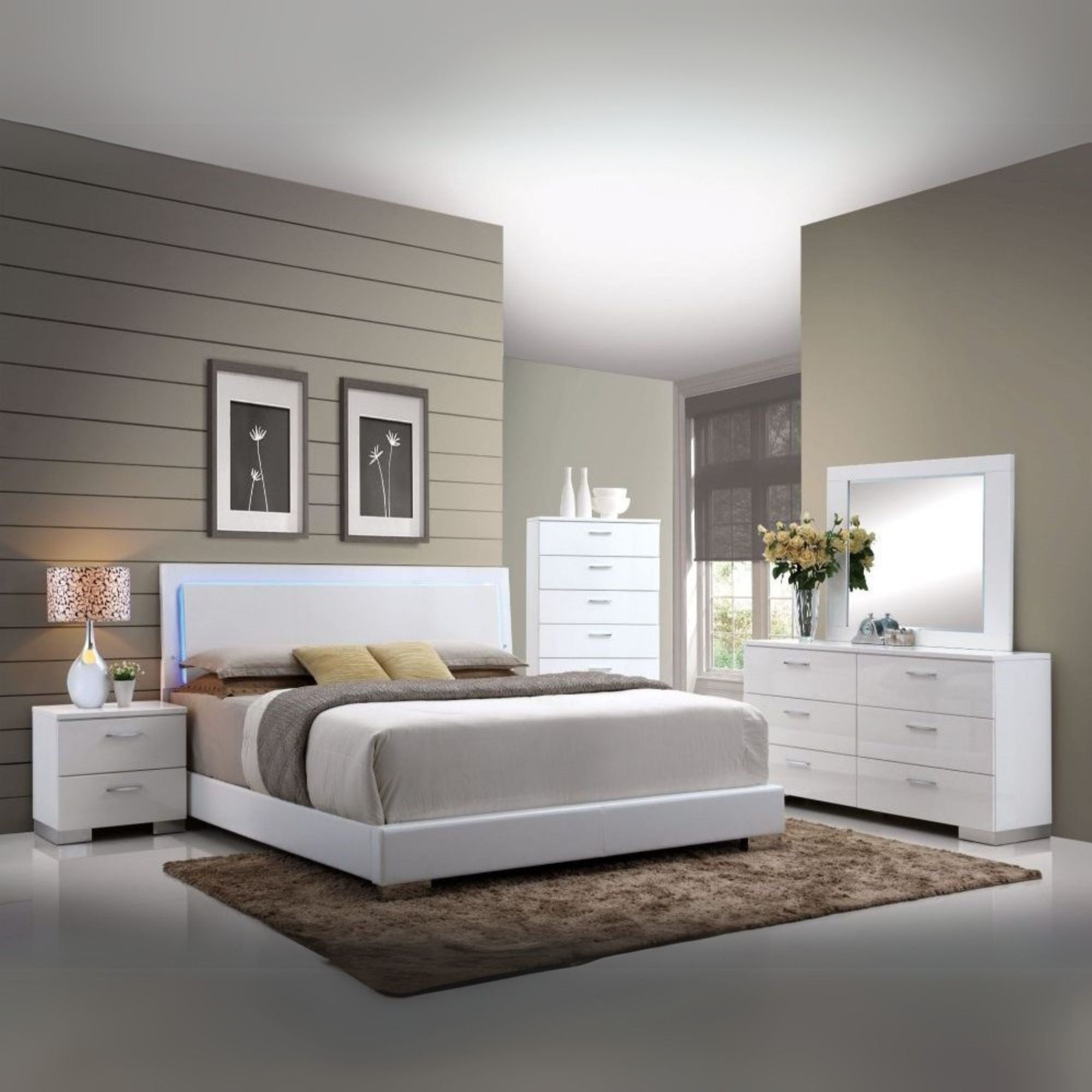 Lorimar (LED) Queen Bed, White Synthetic Leather & White Leg