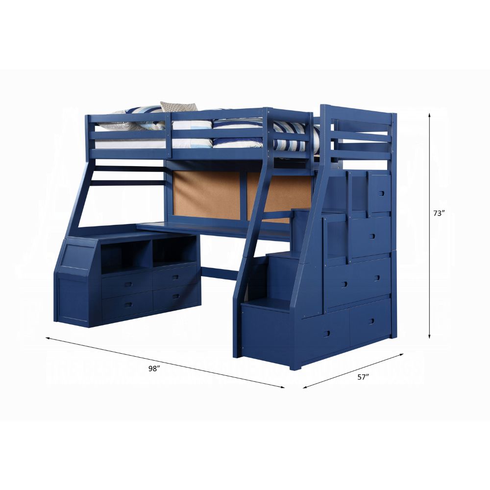 Guardrail Jason II Twin Navy Blue Wooden Loft Bed  Contemporary Storage Solution with 5-Drawer Ladder & Desk