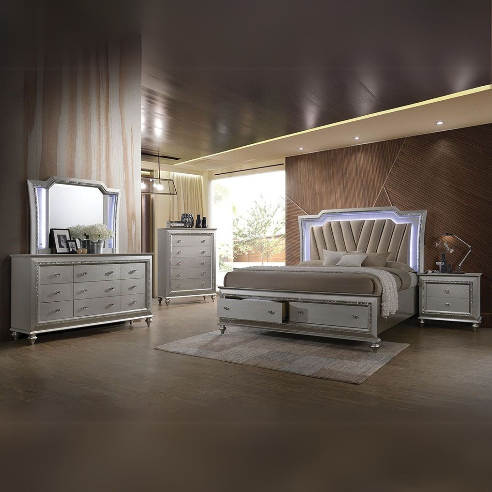 Kaitlyn Queen Bed w/Storage & LED, Synthetic Leather & Champagne