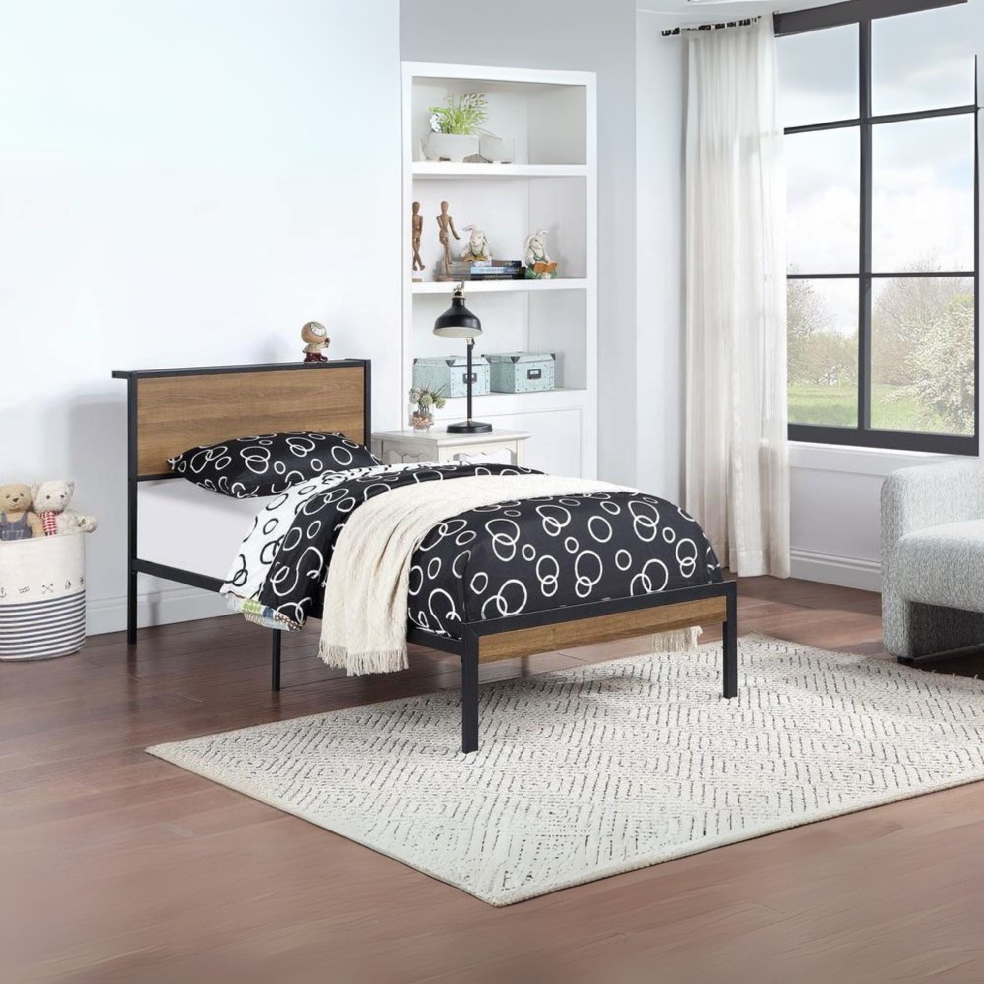 Alisa Ricky Twin Platform Bed Light Oak Black Metal – Vintage Industrial Style with Durable MDF Headboard