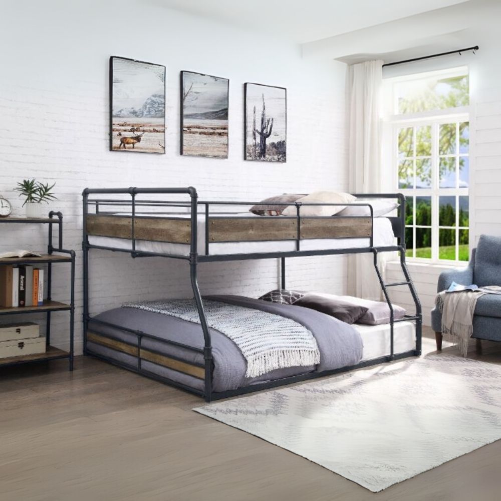 Bryce Cordelia F/Q Antique Oak Bunk Bed  Metal Frame with Hand-Brushed Finish