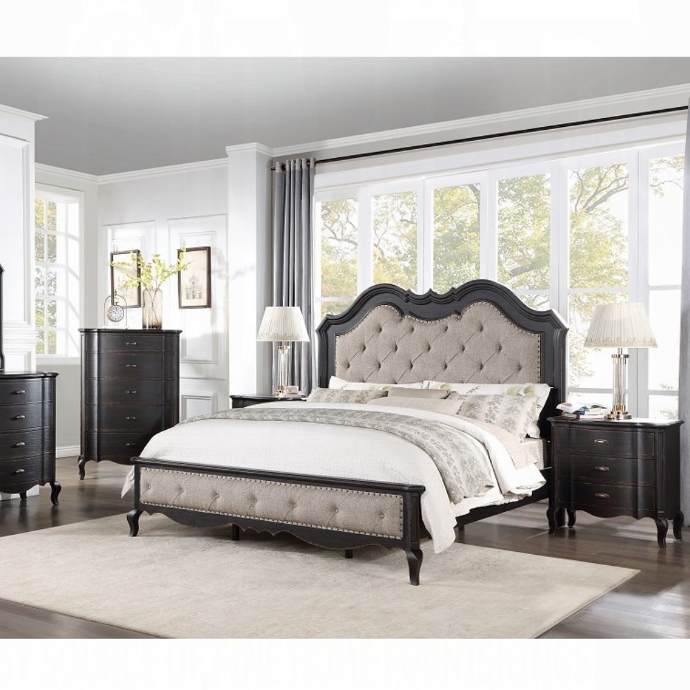 Juneja Chelmsford Collection California King Upholstered Bed – Beige Fabric, Black Antique Accents