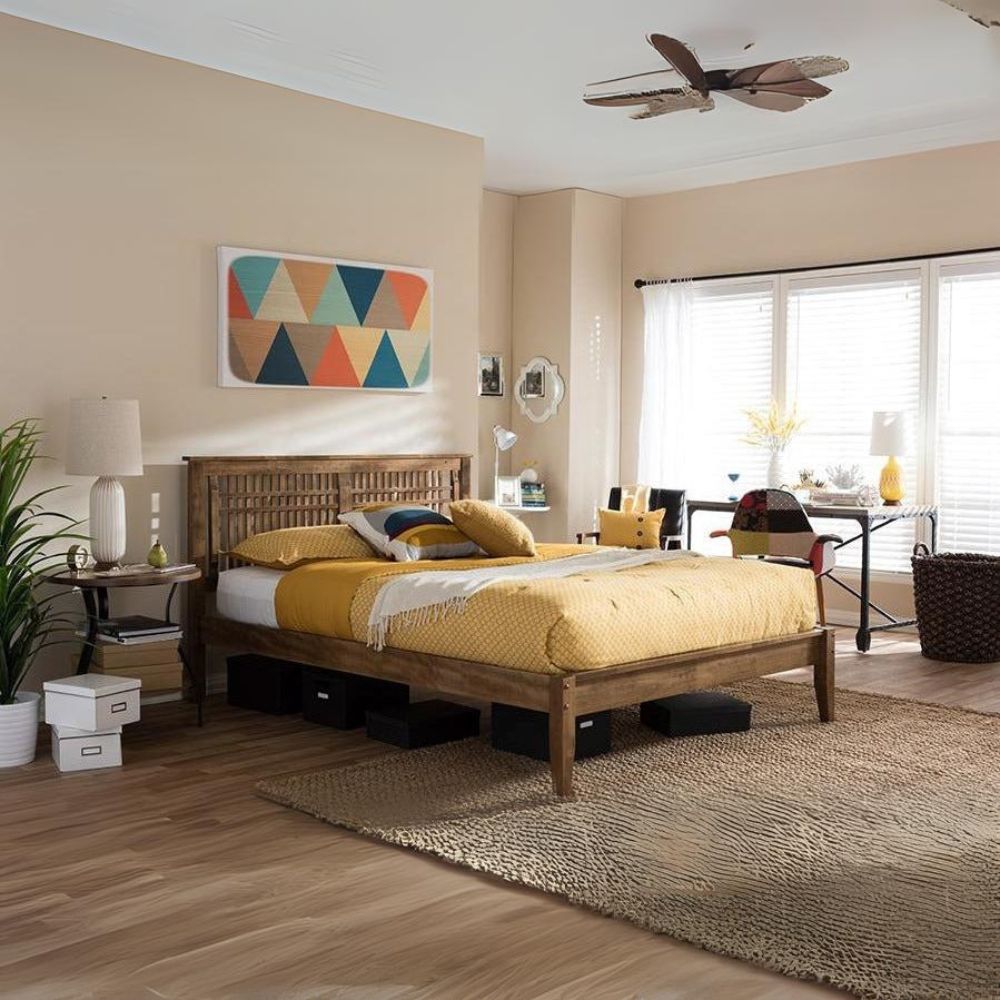 Loafey Solid Walnut Wood Window-Pane Style Full Size Platform Bed