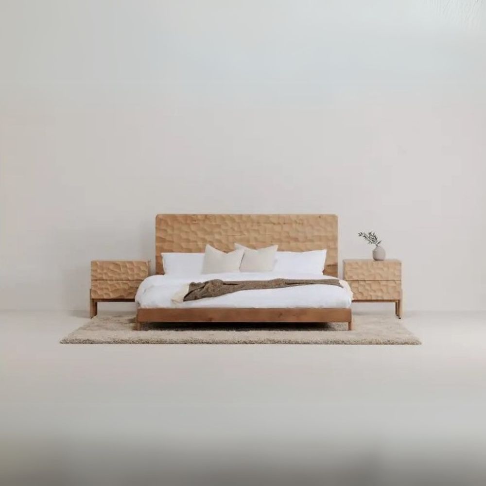Raiden Misaki Queen Natural Wood Bed – Minimalist Japandi Style with Slatted Headboard