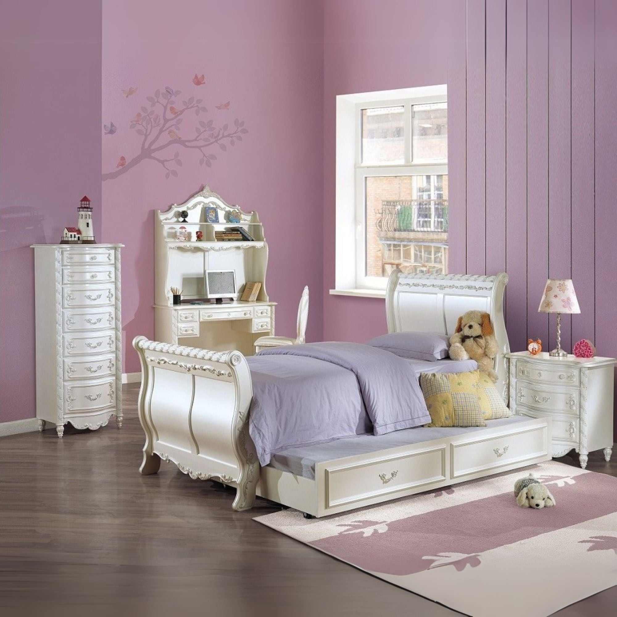 Reprise Pearl Collection Full Pearl White Wooden Sleigh Bed – Princess Style Platform Bed with Decorative Molding