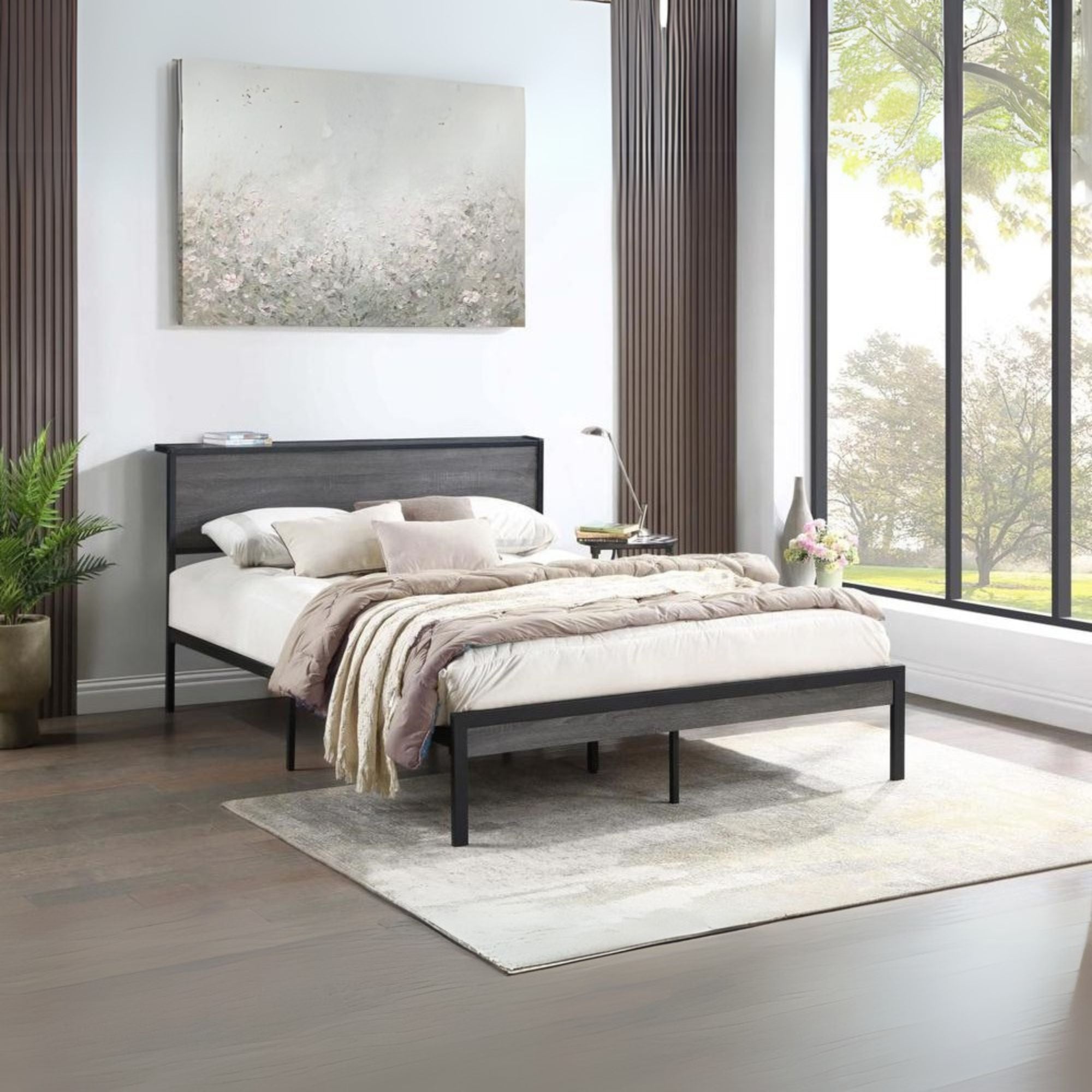 Tricia Ricky Queen Grey and Black Metal Platform Bed – Vintage Industrial Style with MDF Headboard