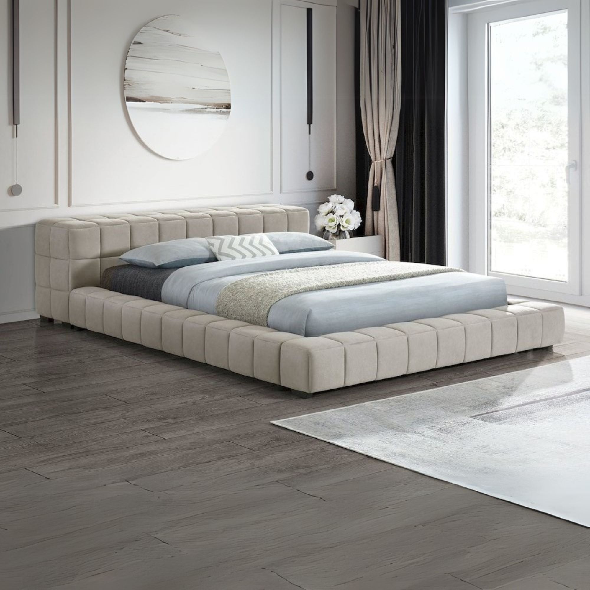 Kiko Trinity Cal King Light Taupe Upholstered Platform Bed – Modern Split Tufted Headboard