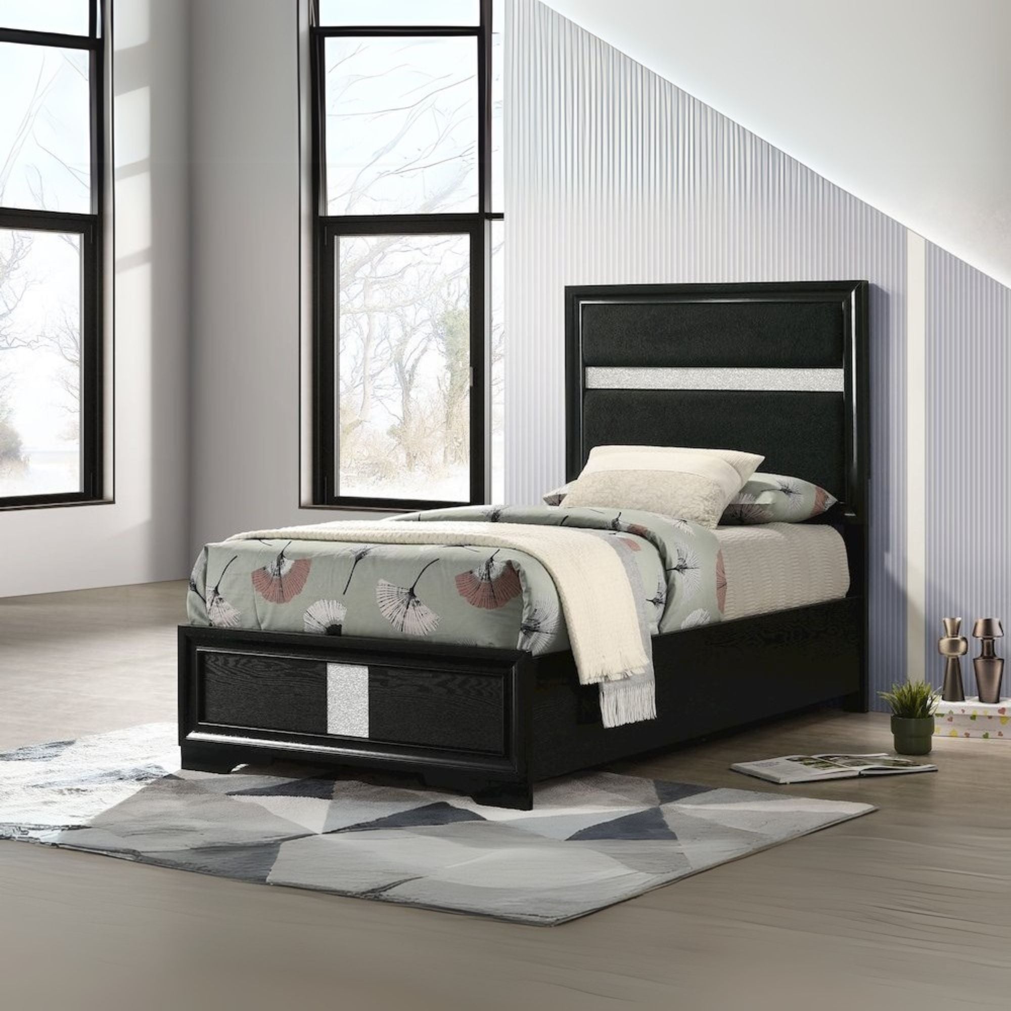 Kasol Miranda Twin Black Upholstered Panel Bed – Foam Cushioned Headboard with Sparkle Trim