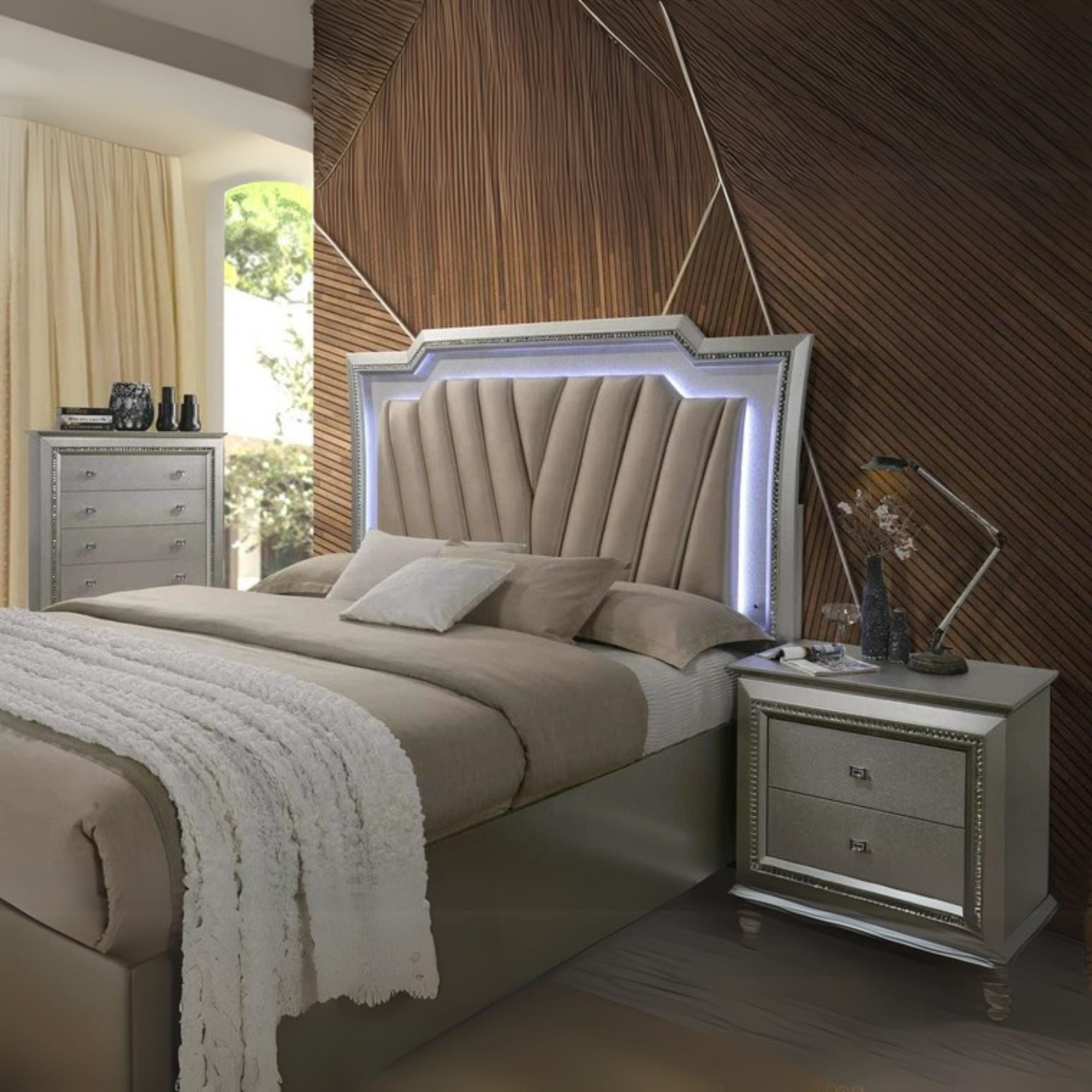 Kaitlyn CK Bed w/Storage & LED, Synthetic Leather & Champagne