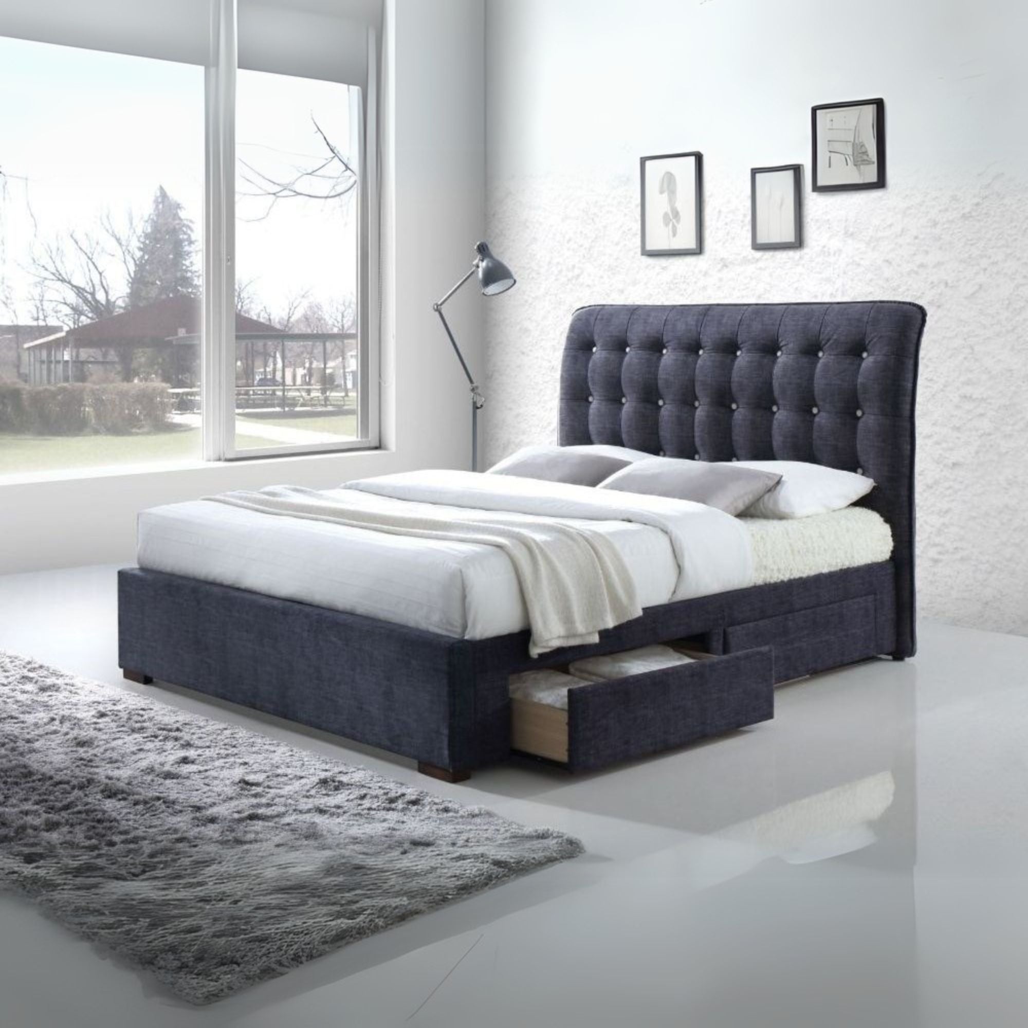 Drorit Eastern King Bed w/Storage, Dark Gray Fabric