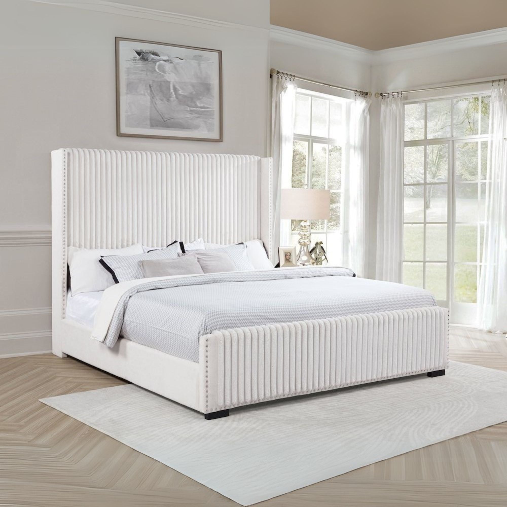 jamsen Natasha California King Cream Upholstered Headboard Bed – 69-Inch Modern Bedroom Furniture