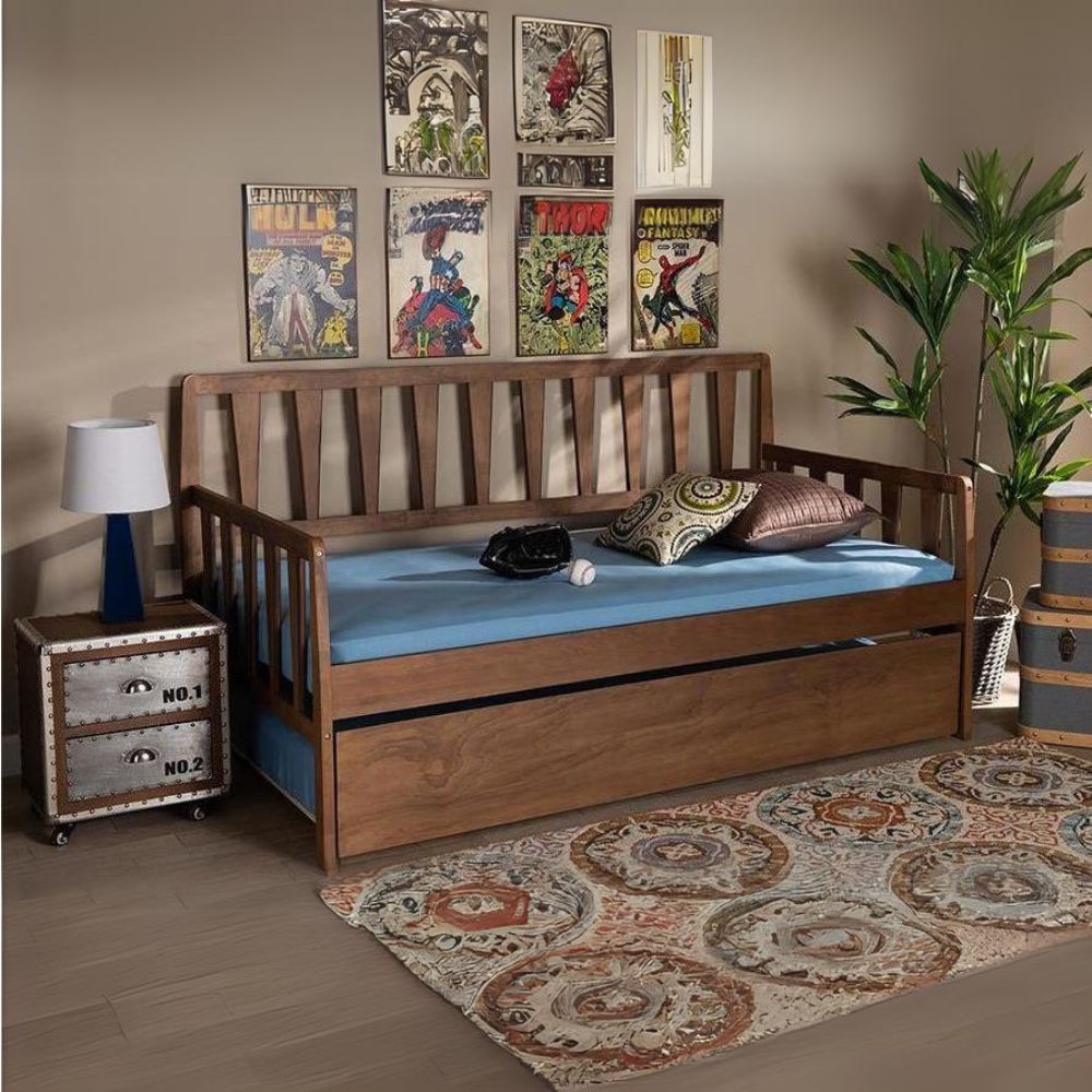 Midori Daybed Transitional Walnut Wood Twin with Roll-Out Trundle