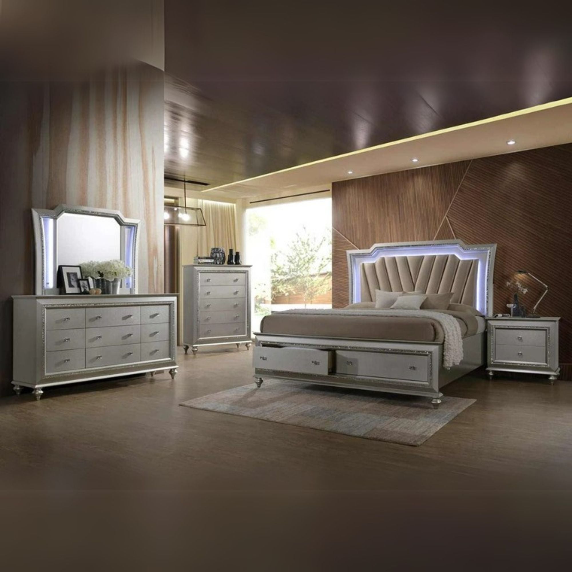 Kaitlyn CK Bed w/Storage & LED, Synthetic Leather & Champagne