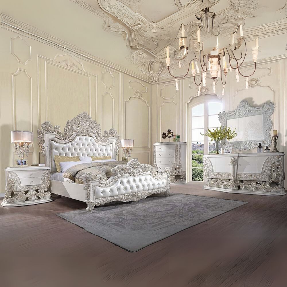 Adara Eastern King Bed, Pearl White Synthetic Leather & Antique White Finish