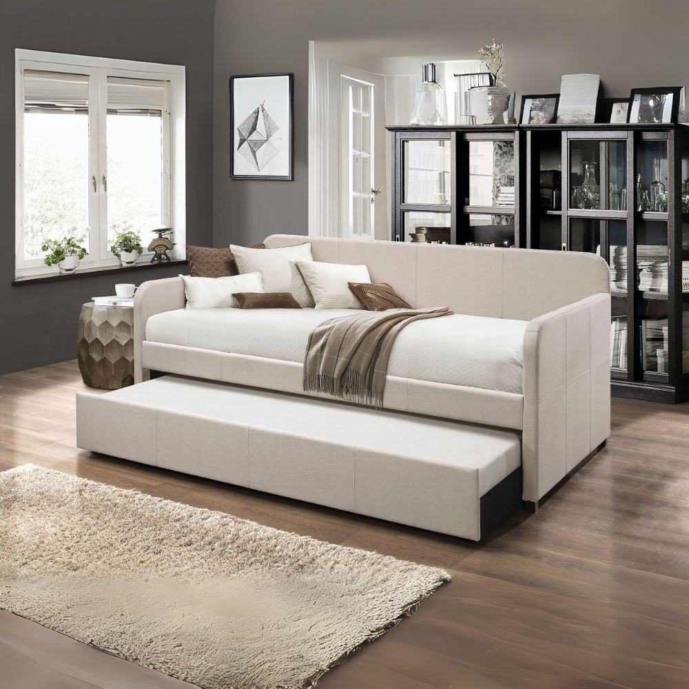 Sylvie Jagger Twin Fog Fabric Upholstered Daybed  Modern Space-Saving Trundle Bed