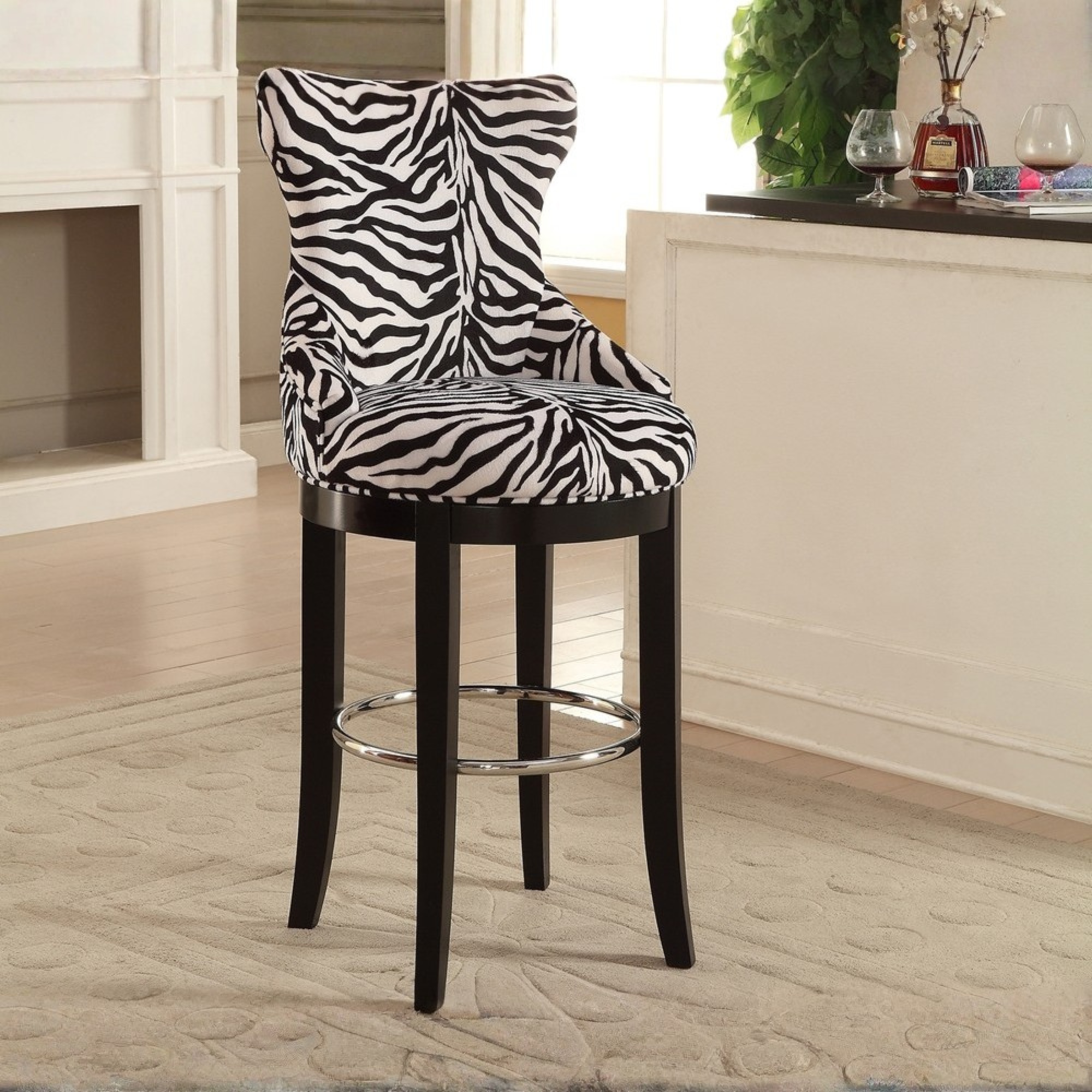 Peace Modern and Contemporary Zebra-print Patterned Fabric Upholstered Bar Stool with Metal Footrest