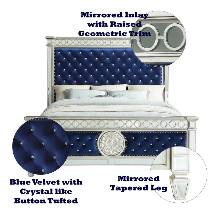 Varian Queen Bed, Blue Velvet & Mirrored