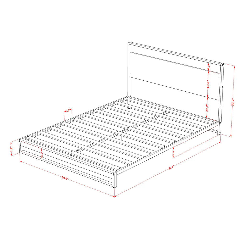 Wilson Queen Frame with 3 Supporting Legs - High-class Bed Frame in Powder Coating Black Color and Weathered Wood Laminate