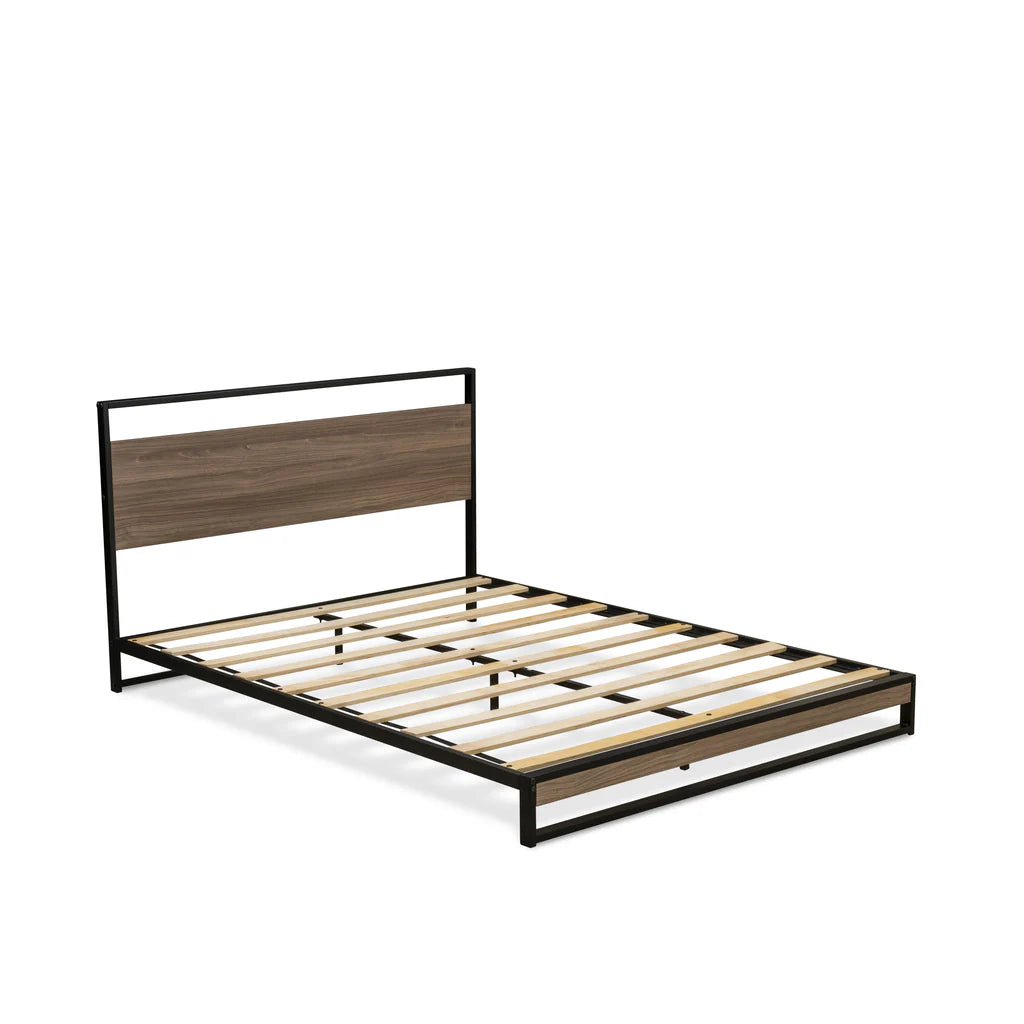 Wilson Queen Frame with 3 Supporting Legs - High-class Bed Frame in Powder Coating Black Color and Weathered Wood Laminate