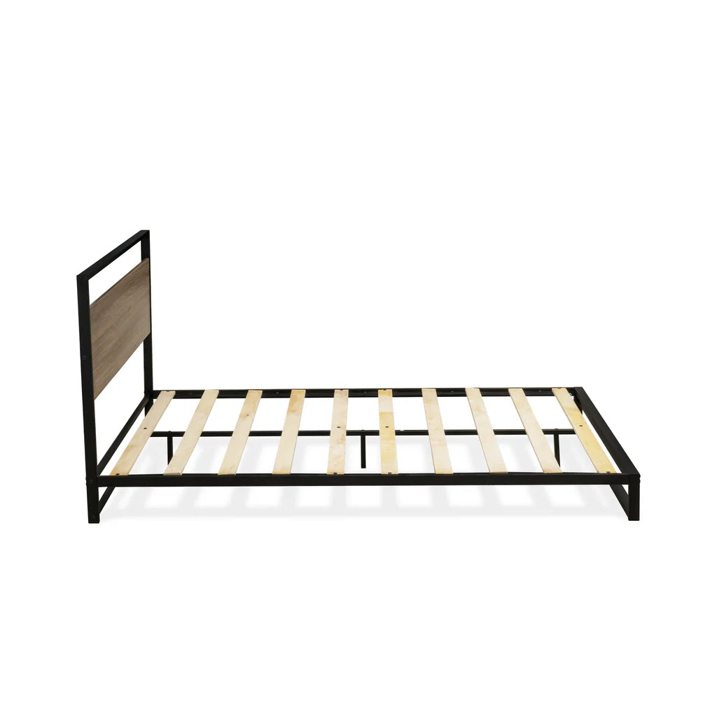 Wilson Queen Frame with 3 Supporting Legs - High-class Bed Frame in Powder Coating Black Color and Weathered Wood Laminate