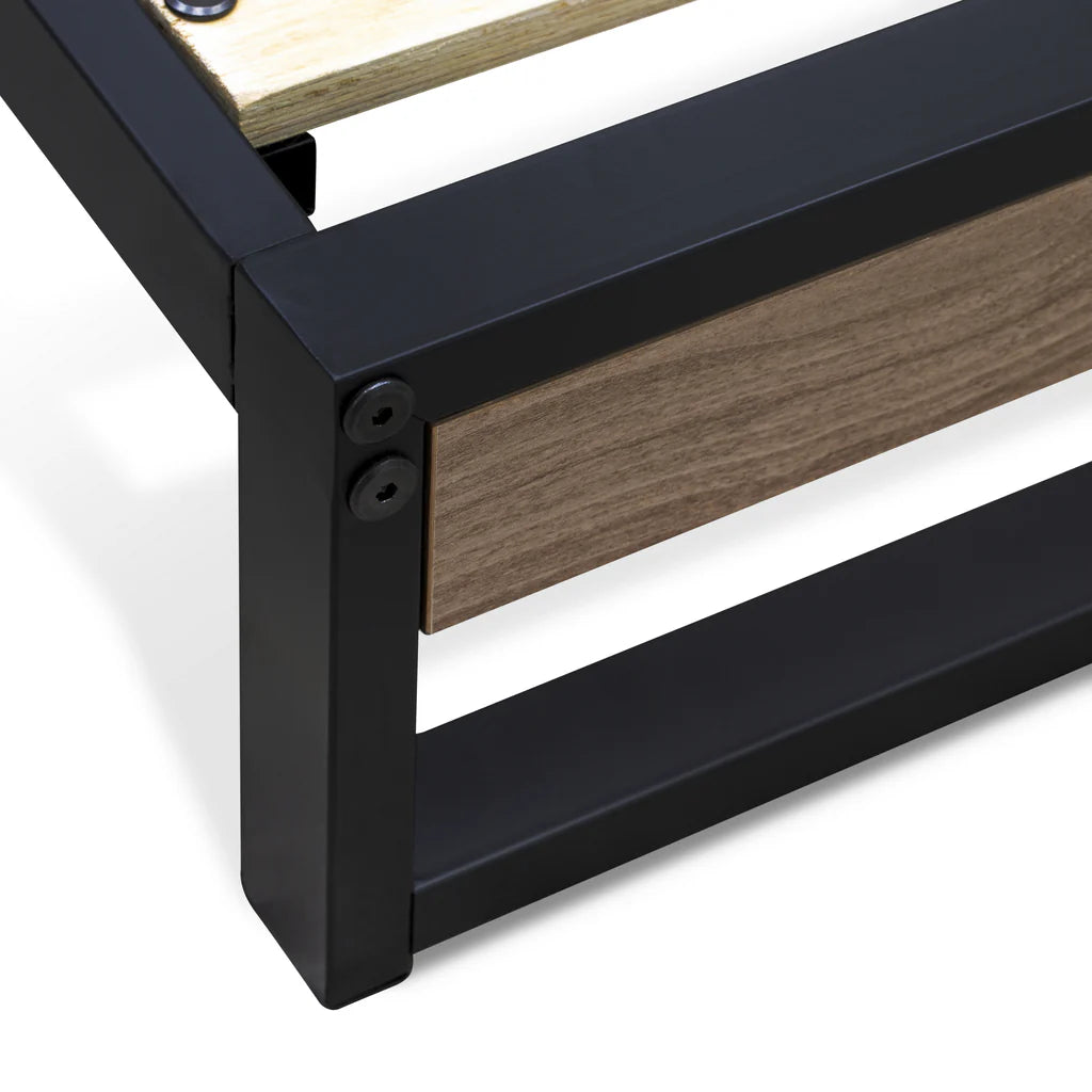 Wilson Queen Frame with 3 Supporting Legs - High-class Bed Frame in Powder Coating Black Color and Weathered Wood Laminate