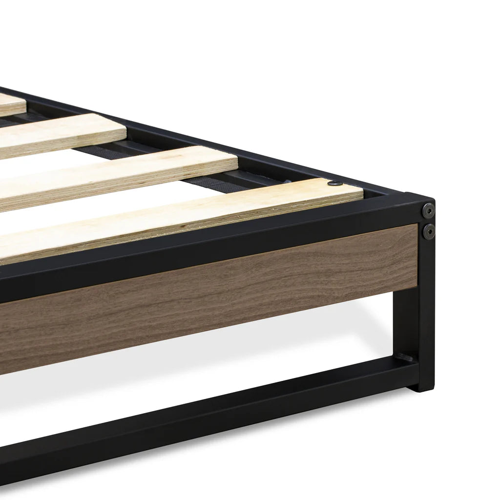 Wilson Queen Frame with 3 Supporting Legs - High-class Bed Frame in Powder Coating Black Color and Weathered Wood Laminate