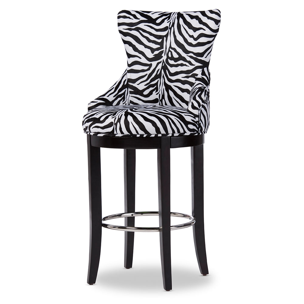 Peace Modern and Contemporary Zebra-print Patterned Fabric Upholstered Bar Stool with Metal Footrest