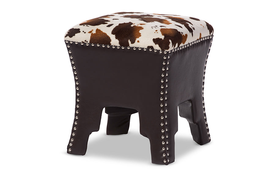 Sally Modern and Contemporary Cow-print Patterned Fabric Brown Faux Leather Upholstered Accent Stool with Nail heads