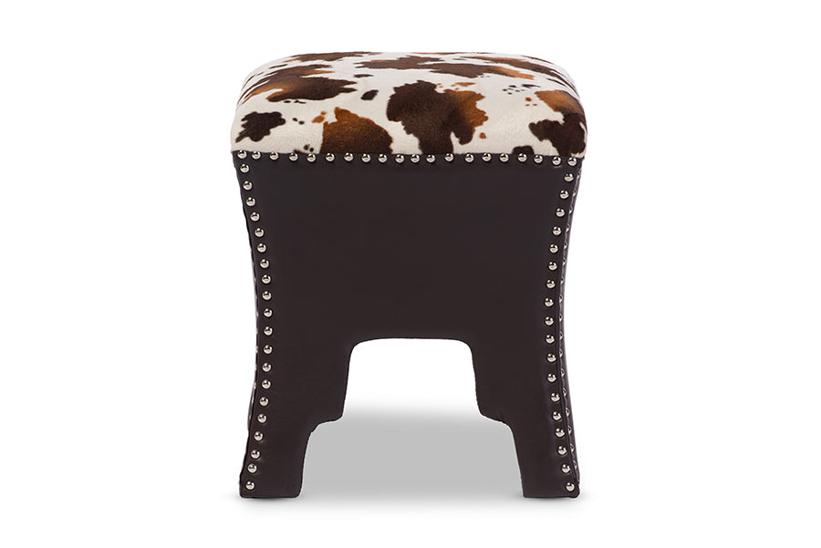 Sally Modern and Contemporary Cow-print Patterned Fabric Brown Faux Leather Upholstered Accent Stool with Nail heads
