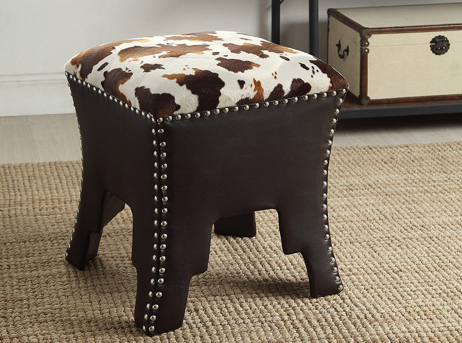 Sally Modern and Contemporary Cow-print Patterned Fabric Brown Faux Leather Upholstered Accent Stool with Nail heads